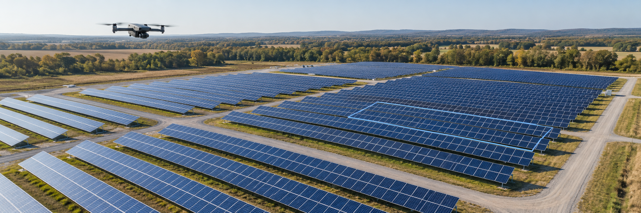 Wide solar installation with a small camera drone and a panel area outlined for visual review